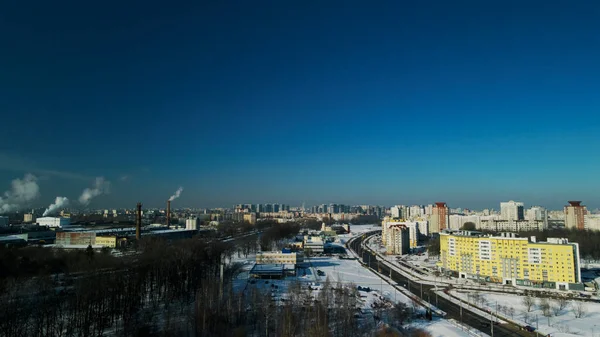 Şehir Bloğu Modern Çok Katlı Binalar Kış Şehri Manzarası Hava — Stok fotoğraf