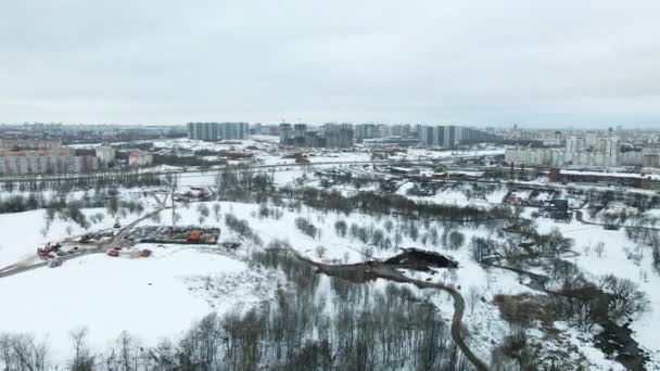 Voorstad Van Een Grote Stad Stadspark Stadsweg Met Druk Verkeer — Stockvideo