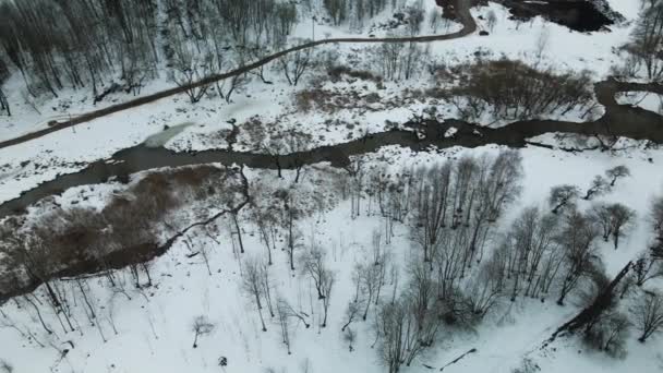 Městský Park Zimě Vidět Klikatá Řeka Zimní Město Letecká Fotografie — Stock video