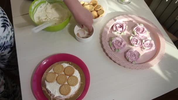 Woman Makes Cake Cookies Cream Ingredients Cake Laid Out Table — Stock Video