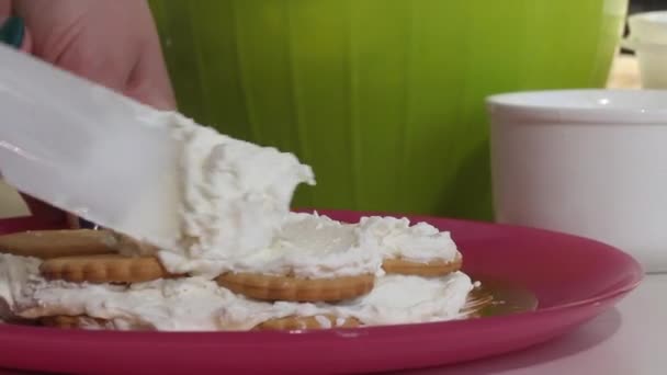 Woman Smears Cookies Cream Ingredients Cake Laid Out Table Cake — Stock Video