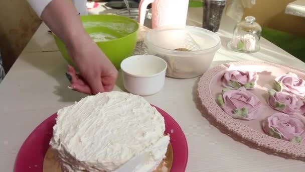 一个女人把奶油涂在蛋糕上 蛋糕的配料放在桌子上 配上意式甜饼和棉花糖玫瑰 — 图库视频影像