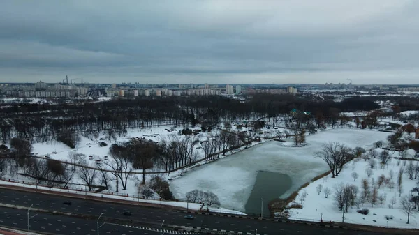 Пригороде Большого Города Городской Квартал Высоты Полета Зимний Городской Пейзаж — стоковое фото