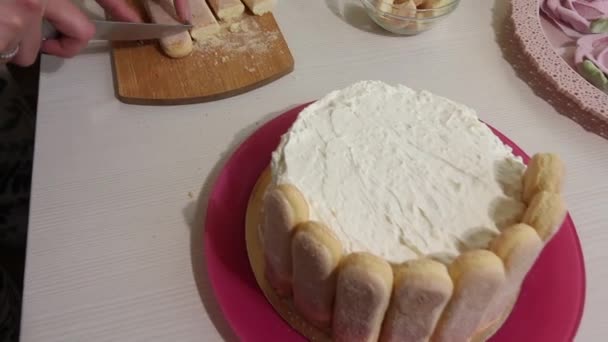 Een Vrouw Bedekt Taart Met Savoiardi Koekjes Cake Met Savoiardi — Stockvideo