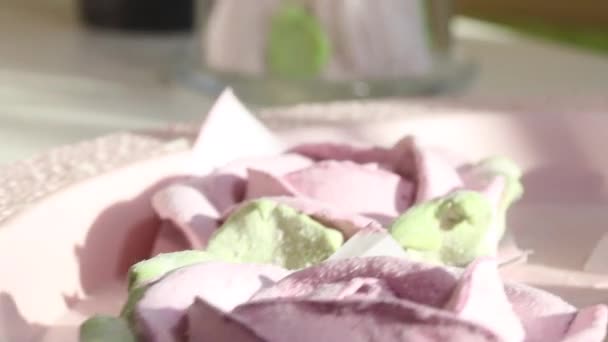 Woman Making Cake Cake Savoiardi Cookies Marshmallow Roses — Stock Video