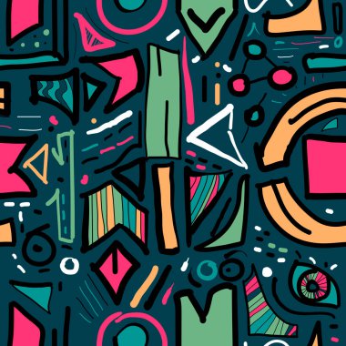 Kareler, üçgenler, aşınmalar, damlalar, spreyler ve mürekkep damlacıkları ile soyut, dikişsiz geometrik arkaplan. Grunge, neon desen. Erkekler ve kızlar için duvar kağıdı. Kentsel renkli arkaplan.