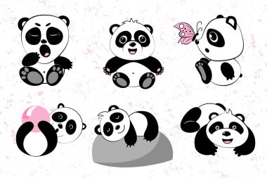 Panda karalamaları, panda farklı pozisyonlarda ve duygularda.