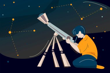 Vector concept illustration in flat style. Man with telescope in search of a star