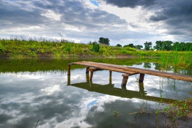 A pond with a wooden bridge located in the field