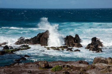 Maui, Hawaii. Pasifik Okyanusu 'ndaki dalgalar kıyı şeridi boyunca deniz yığınlarına çarpıyor.. 