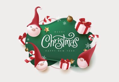 Mutlu Noeller ve mutlu yeni yıl afişleri şirin cüceler ve Noel için şenlikli süslemeler