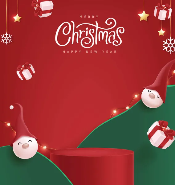 Frohe Weihnachten Banner Mit Zylindrischer Produktpräsentation Und Festlicher Dekoration — Stockvektor
