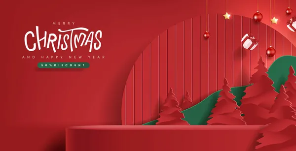 商品表示とクリスマスの赤い背景のためのお祝いの装飾付きメリークリスマスバナー — ストックベクタ