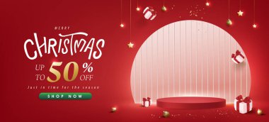 Mutlu noel indirimi reklam afişi ürün sergisi ve şenlikli dekorasyon kırmızı arka plan