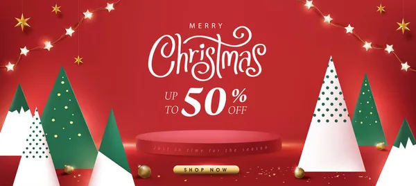 製品表示円筒形とクリスマスツリー紙カットスタイルとメリークリスマス販売促進バナー — ストックベクタ