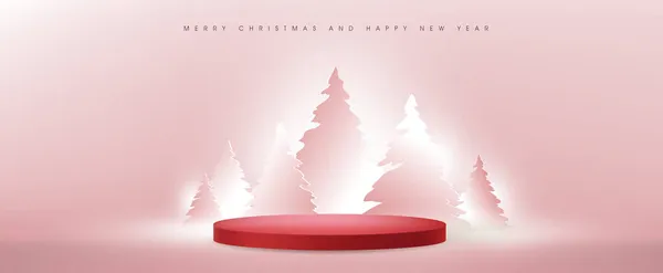 Feliz Navidad Banner Con Pantalla Producto Rojo Forma Cilíndrica Árbol — Archivo Imágenes Vectoriales