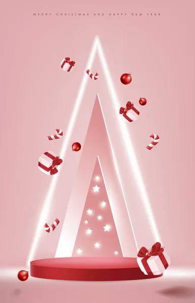 圣诞快乐横幅 红色产品展示圆柱形 圣诞树剪纸 艺术阴影轻盈节日装饰 — 图库矢量图片