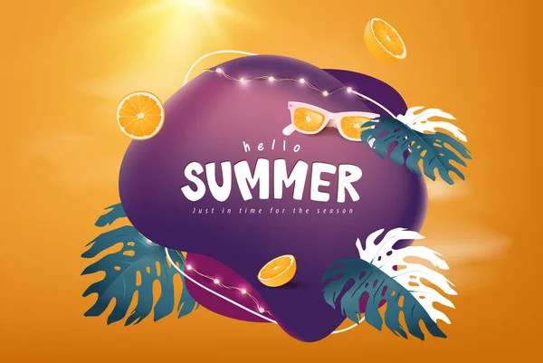 Buntes Sommerschlussverkauf Banner Mit Tropischen Blättern Und Orange — Stockvektor