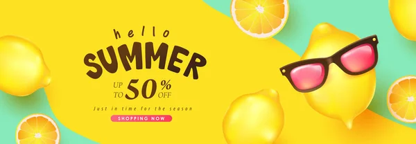 Sommerschlussverkauf Banner Hintergrund Mit Lustigen Zitrone Dekorieren — Stockvektor