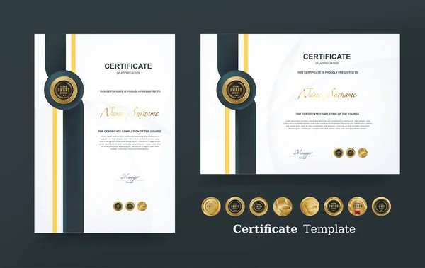 Certificado Apreciación Plantilla Vector Oro Insignias Premium Lujo — Vector de stock