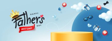 Babalar Günü kartı, üzerinde ürünün silindirik şekli ve babam için mavi arka planda hediye kutusu var.