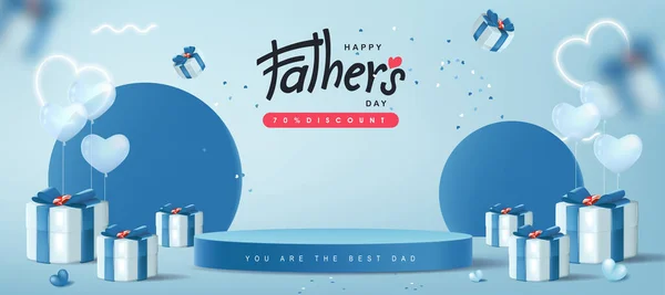 父亲节贺卡 带有产品陈列 圆柱形 蓝色背景的爸爸礼品盒 — 图库矢量图片
