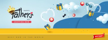 Babalar Günü afişi, stüdyo masa odası ürün sergisi ve babam için mavi arka planda hediye kutusu.