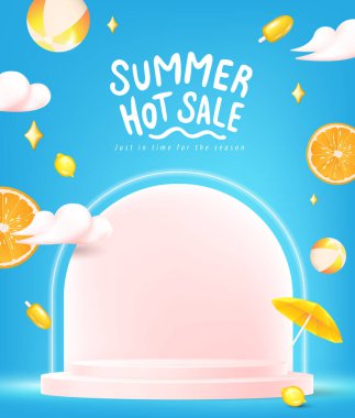 Summer sale banner template for promotion with product display cylindrical shape andelements for beach party on sky