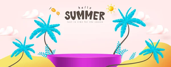 製品表示円筒形とビーチの背景とプロモーションのための夏の販売バナーテンプレート — ストックベクタ