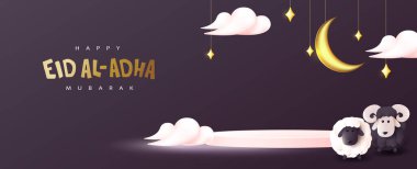 Kurban Bayramı Mübarek, Müslüman cemaati festivalinin arka planında koyun ürünleri sergilenen İslami afiş kutlaması