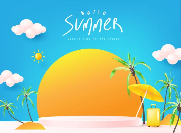 Summer Sale Banner Template Promotion Product Display Cylindrical Shape Beach — Vector de stock