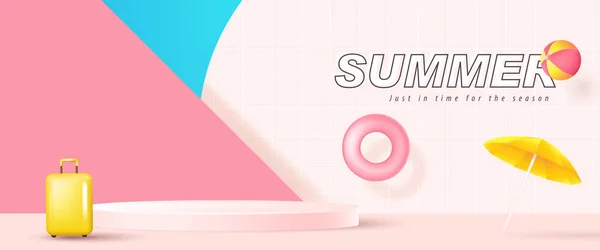 夏季销售横幅模板 用于产品展示 圆筒形和泳池背景的促销 — 图库矢量图片