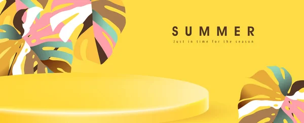 黄色製品表示とカラフルな熱帯の葉とプロモーションのための夏のポスターバナーテンプレート — ストックベクタ