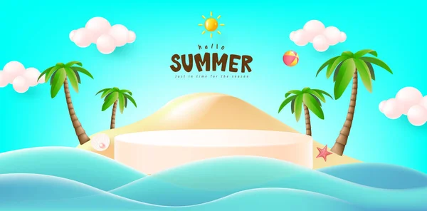 Summerposter Banner Template Promotion Product Display Cylindrical Shape Beach Background — Stock Vector