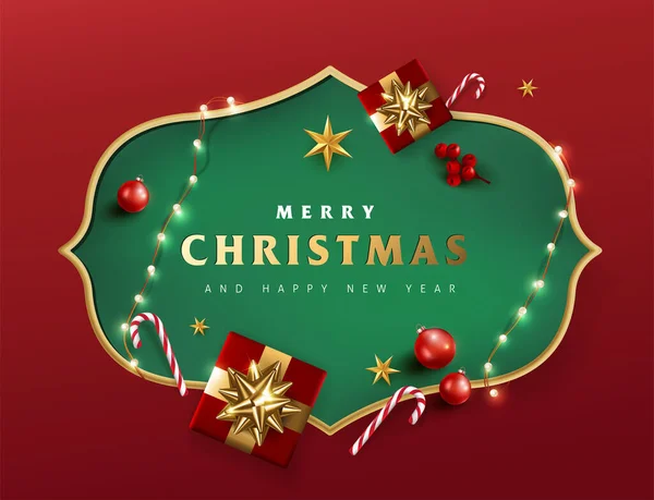 Χριστουγεννιάτικη Πινακίδα Πλαίσιο Κενό Χώρο Και Εορταστική Διακόσμηση Κόκκινο Φόντο — Διανυσματικό Αρχείο