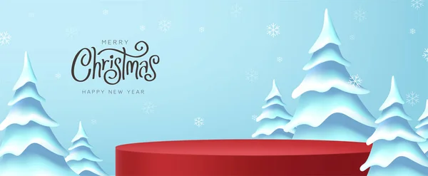 製品表示円筒形とクリスマスツリーの風景とメリークリスマスバナー — ストックベクタ