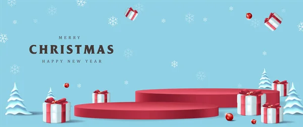 Весёлый Рождественский Баннер Цилиндрической Формой Дисплея Подарочной Коробкой Красного Банта — стоковый вектор