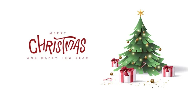 Frohe Weihnachten Banner Mit Geschmücktem Weihnachtsbaum — Stockvektor