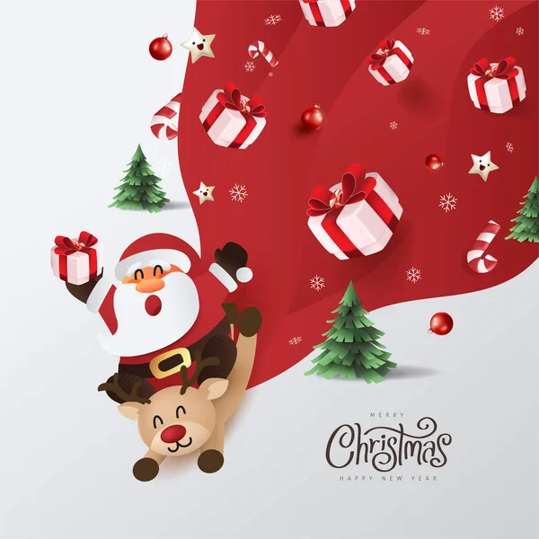 圣诞老人骑着驯鹿 背着一个大袋子跑去送降雪时的圣诞礼物 祝圣诞佳节快乐手绘排字图解 — 图库矢量图片