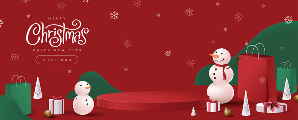 Merry Christmas banner with product display cylindrical shape and winter holiday composition