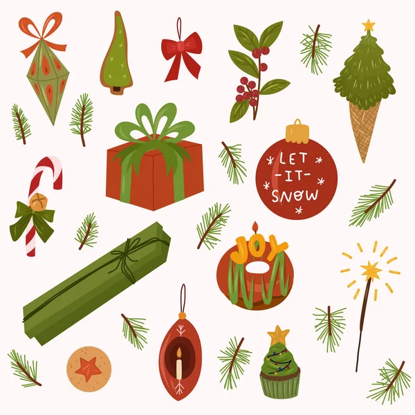 Navidad Colección Coloridos Elementos Diseño Vacaciones Vector Dibujado Mano Ilustración — Archivo Imágenes Vectoriales