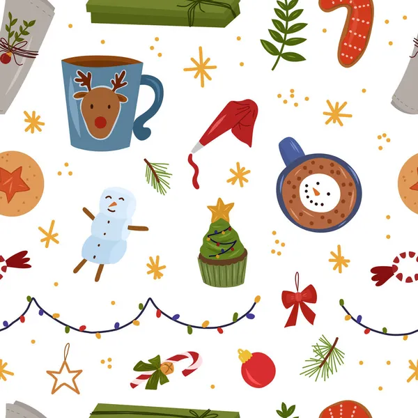 Patrón Sin Costuras Navidad Sobre Fondo Blanco Vector Dibujado Mano — Archivo Imágenes Vectoriales