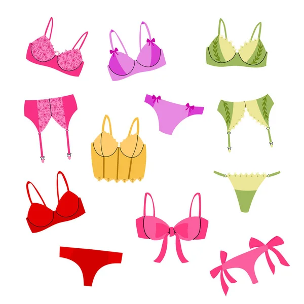 Kollektion von eleganten Damenunterwäsche.Höschen, Bikinis, BHs. — Stockvektor