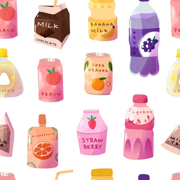 Padrão Bebidas Deliciosas Bonito Com Vários Sabores Frutas Japonês Kawaii — Vetor de Stock