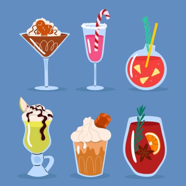 Kış içecekleri vektör koleksiyonu. İzole edilmiş çizgi film. Mavi arka planda mevsimlik içecekler.