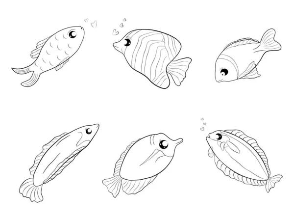 Collezione Doodle Silhouette Sott Acqua Pesce Icona Cartone Animato Astratto — Vettoriale Stock