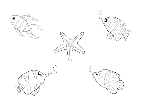 Raccolta Doodle Disegnato Pesce Animale Icona Cartone Animato Astratto Sfondo — Vettoriale Stock