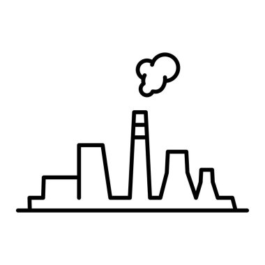 Fabrika ikonu. Dumanlı sanayi binası. Üretim nesnesinin siyah silueti. Endüstriyel tasarım için. Vektör