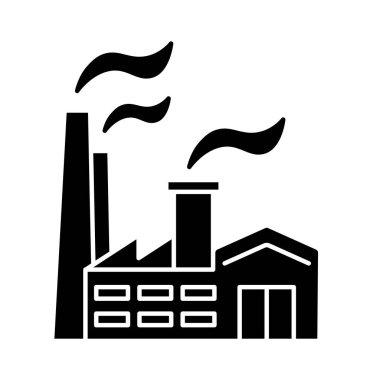 Fabrika ikonu. Dumanlı sanayi binası. Üretim nesnesinin siyah silueti. Endüstriyel tasarım için. Vektör