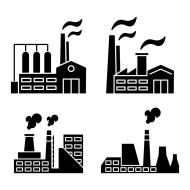 Endüstriyel inşaat fabrikası ve elektrik santrali. Fabrika binası. Duman ile bina imalatı. Üretim nesnesinin siyah silueti. Sanayi inşaat sembolü